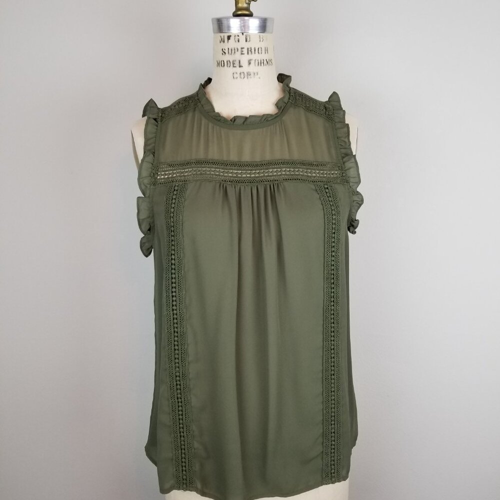 Feminine Olive Green Sleeveless Blouse with Lace & Ruffle Detail by Ana * Medium
